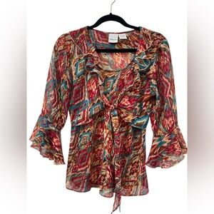 Versailles Y2K Boho Ikat Sheer Wrap-Style Overlay Blouse Bell Sleeves M